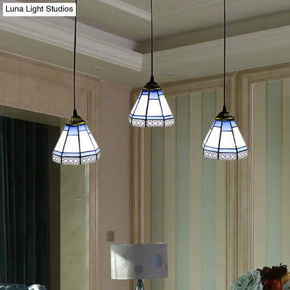 Tiffany-Style Stained Glass Swag Lamp: Blue & White Cluster Pendant Light (3 Heads) with Canopy