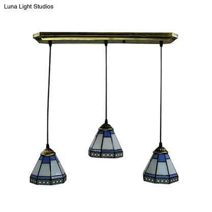 Tiffany-Style Stained Glass Swag Lamp: Blue & White Cluster Pendant Light (3 Heads) with Canopy