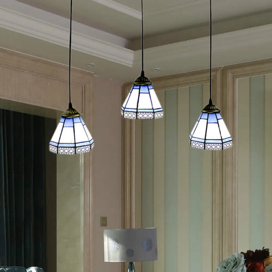 Tiffany-Style Stained Glass Swag Lamp: Blue & White Cluster Pendant Light (3 Heads) with Canopy