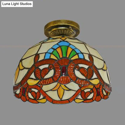 DecorBites™ DecorBites™ Tiffany Style Victorian/Flower/Pearl/Baroque Flush Mount Lamp with Stained Glass Shade - Antique Brass/Bronze - Ideal for Living Room