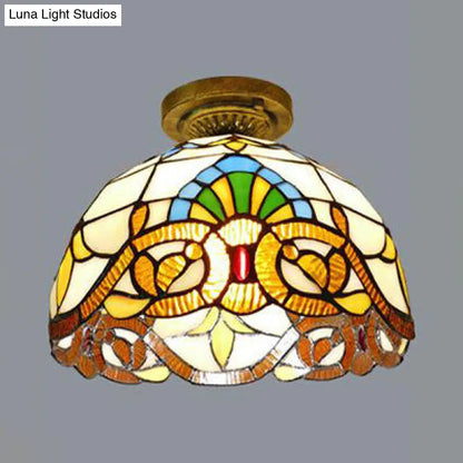 DecorBites™ DecorBites™ Tiffany Style Victorian/Flower/Pearl/Baroque Flush Mount Lamp with Stained Glass Shade - Antique Brass/Bronze - Ideal for Living Room
