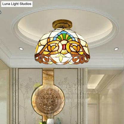 DecorBites™ DecorBites™ Tiffany Style Victorian/Flower/Pearl/Baroque Flush Mount Lamp with Stained Glass Shade - Antique Brass/Bronze - Ideal for Living Room