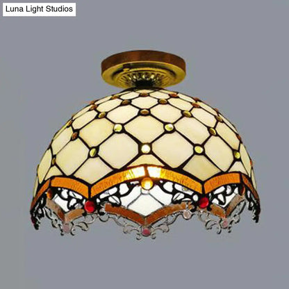 DecorBites™ DecorBites™ Tiffany Style Victorian/Flower/Pearl/Baroque Flush Mount Lamp with Stained Glass Shade - Antique Brass/Bronze - Ideal for Living Room