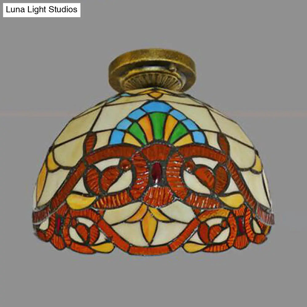 DecorBites™ DecorBites™ Tiffany Style Victorian/Flower/Pearl/Baroque Flush Mount Lamp with Stained Glass Shade - Antique Brass/Bronze - Ideal for Living Room