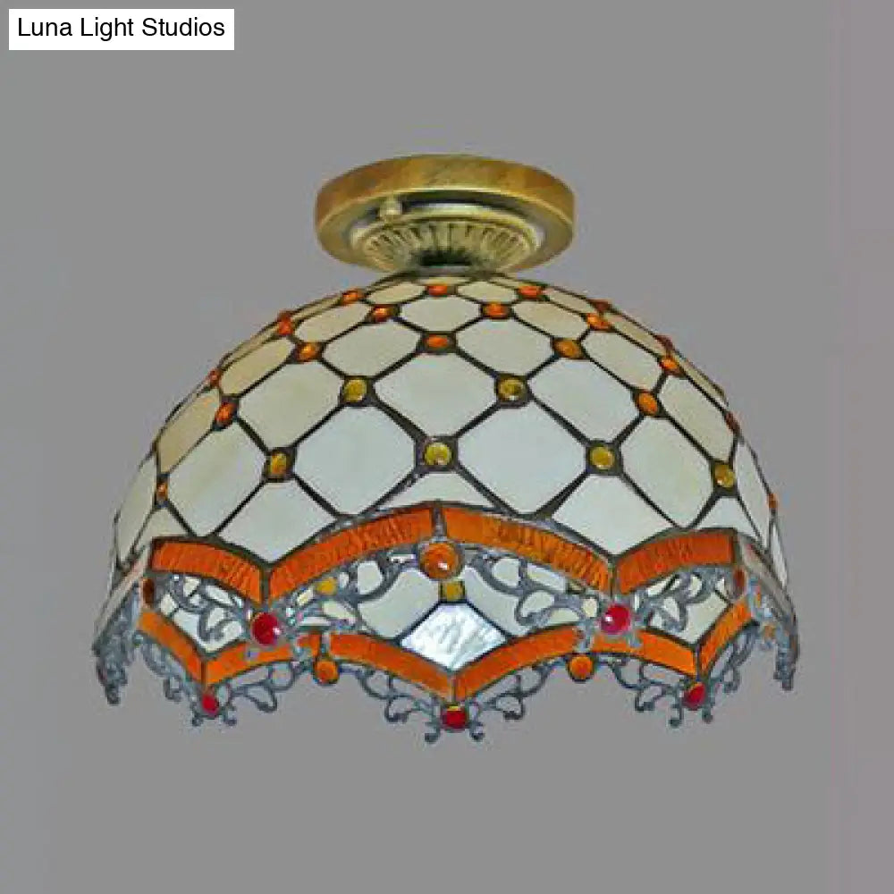 DecorBites™ DecorBites™ Tiffany Style Victorian/Flower/Pearl/Baroque Flush Mount Lamp with Stained Glass Shade - Antique Brass/Bronze - Ideal for Living Room
