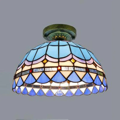 DecorBites™ DecorBites™ Tiffany Style Victorian/Flower/Pearl/Baroque Flush Mount Lamp with Stained Glass Shade - Antique Brass/Bronze - Ideal for Living Room