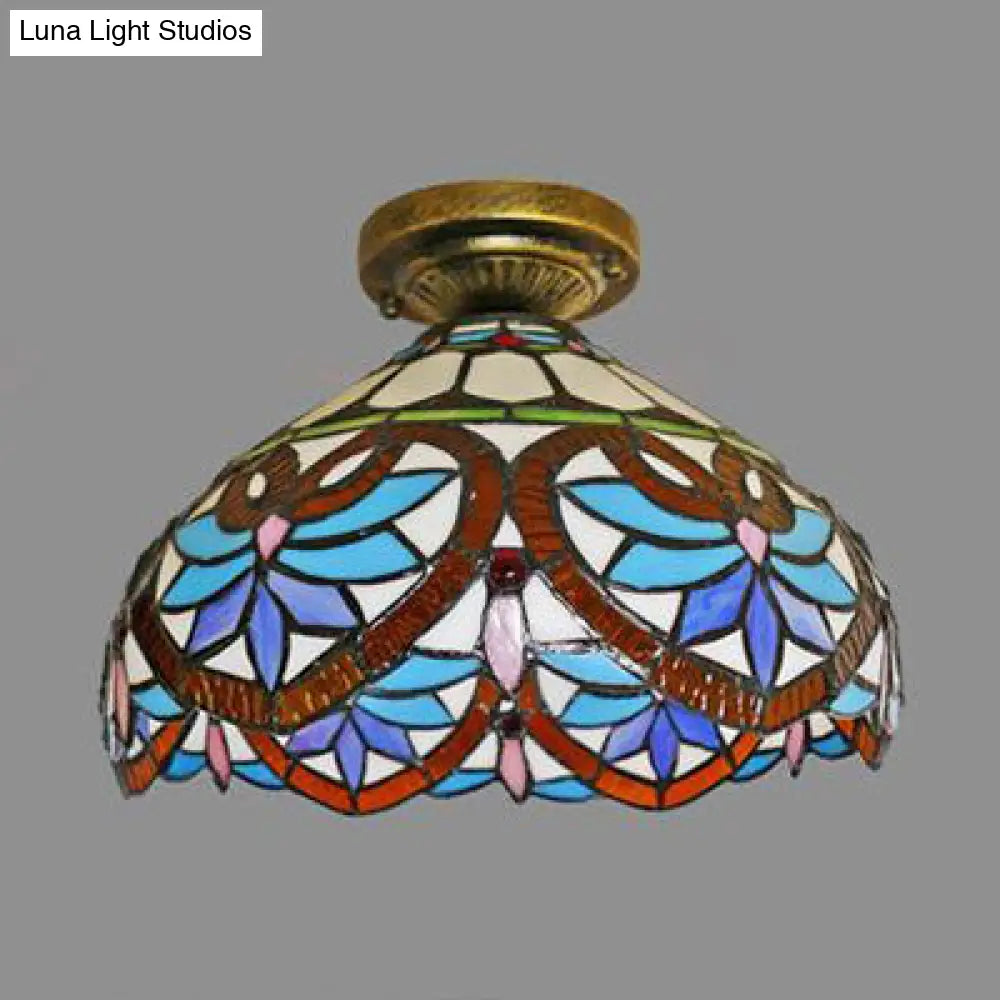 DecorBites™ DecorBites™ Tiffany Style Victorian/Flower/Pearl/Baroque Flush Mount Lamp with Stained Glass Shade - Antique Brass/Bronze - Ideal for Living Room