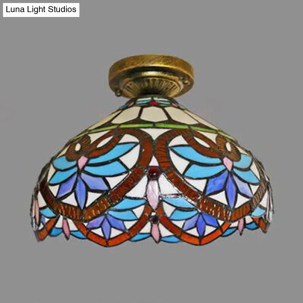 DecorBites™ DecorBites™ Tiffany Style Victorian/Flower/Pearl/Baroque Flush Mount Lamp with Stained Glass Shade - Antique Brass/Bronze - Ideal for Living Room