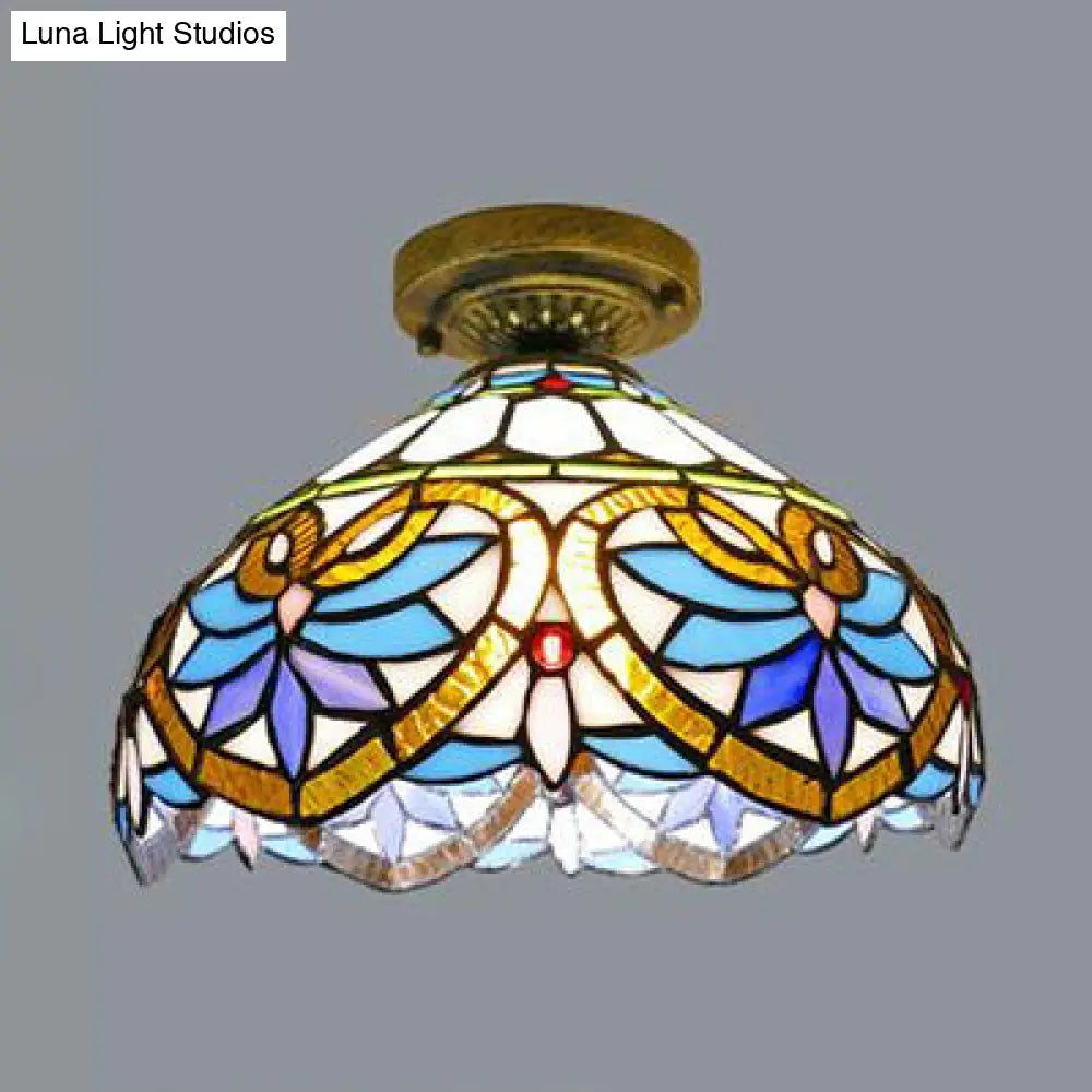 DecorBites™ DecorBites™ Tiffany Style Victorian/Flower/Pearl/Baroque Flush Mount Lamp with Stained Glass Shade - Antique Brass/Bronze - Ideal for Living Room