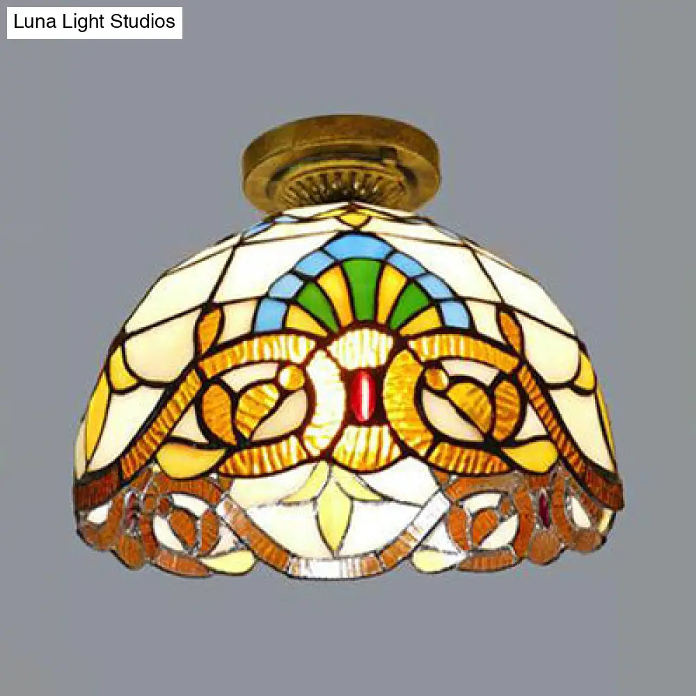 DecorBites™ DecorBites™ Tiffany Style Victorian/Flower/Pearl/Baroque Flush Mount Lamp with Stained Glass Shade - Antique Brass/Bronze - Ideal for Living Room