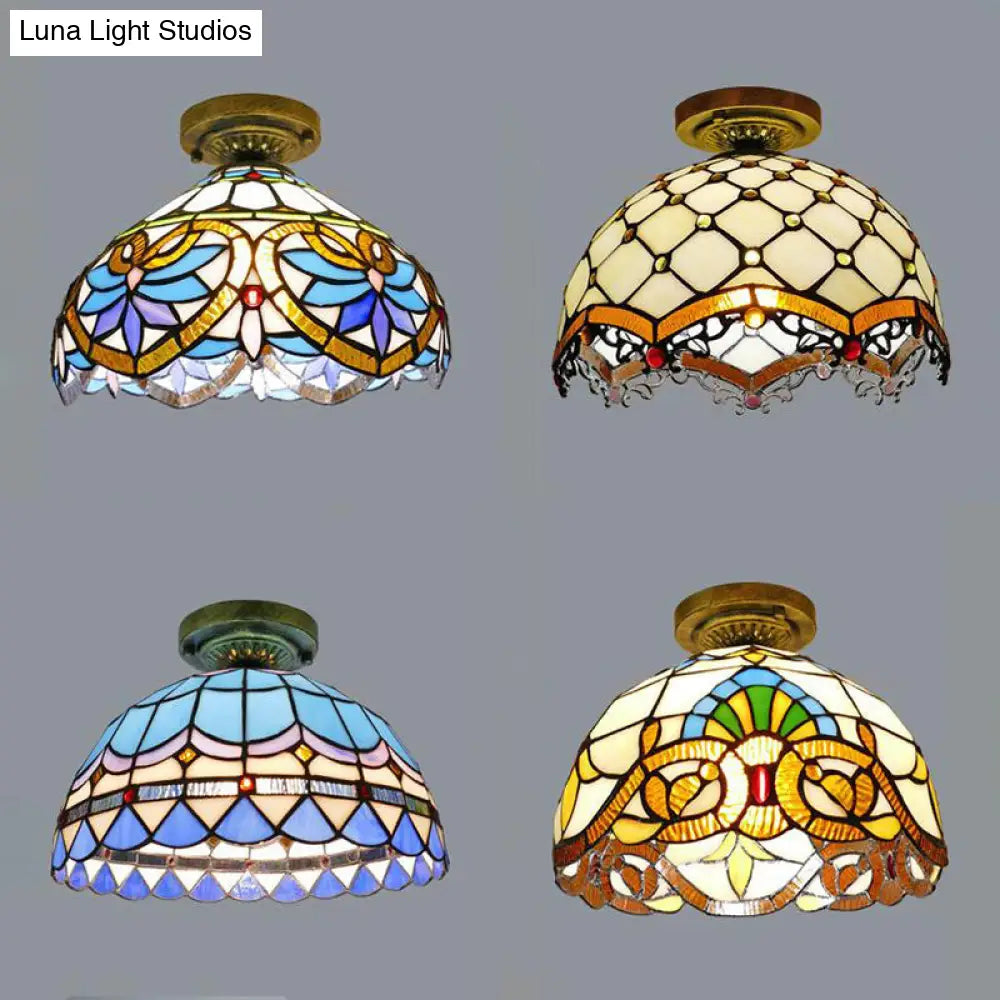 DecorBites™ DecorBites™ Tiffany Style Victorian/Flower/Pearl/Baroque Flush Mount Lamp with Stained Glass Shade - Antique Brass/Bronze - Ideal for Living Room