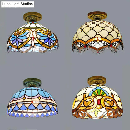 DecorBites™ DecorBites™ Tiffany Style Victorian/Flower/Pearl/Baroque Flush Mount Lamp with Stained Glass Shade - Antique Brass/Bronze - Ideal for Living Room