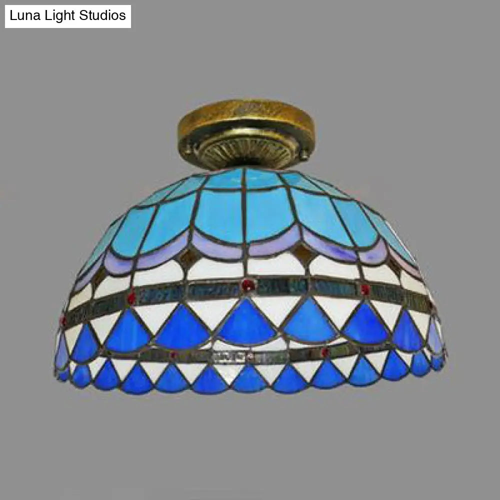 DecorBites™ DecorBites™ Tiffany Style Victorian/Flower/Pearl/Baroque Flush Mount Lamp with Stained Glass Shade - Antique Brass/Bronze - Ideal for Living Room