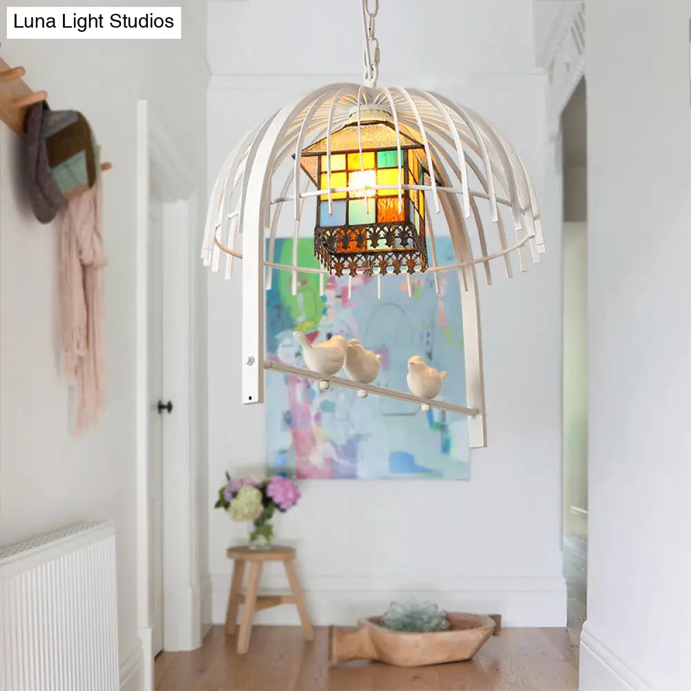 Tiffany Style White Bird Cage Pendant Light with Stainless Glass Ceiling Lamp