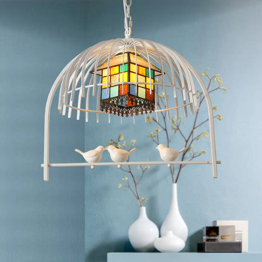 Tiffany Style White Bird Cage Pendant Light with Stainless Glass Ceiling Lamp