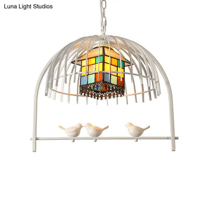 Tiffany Style White Bird Cage Pendant Light with Stainless Glass Ceiling Lamp