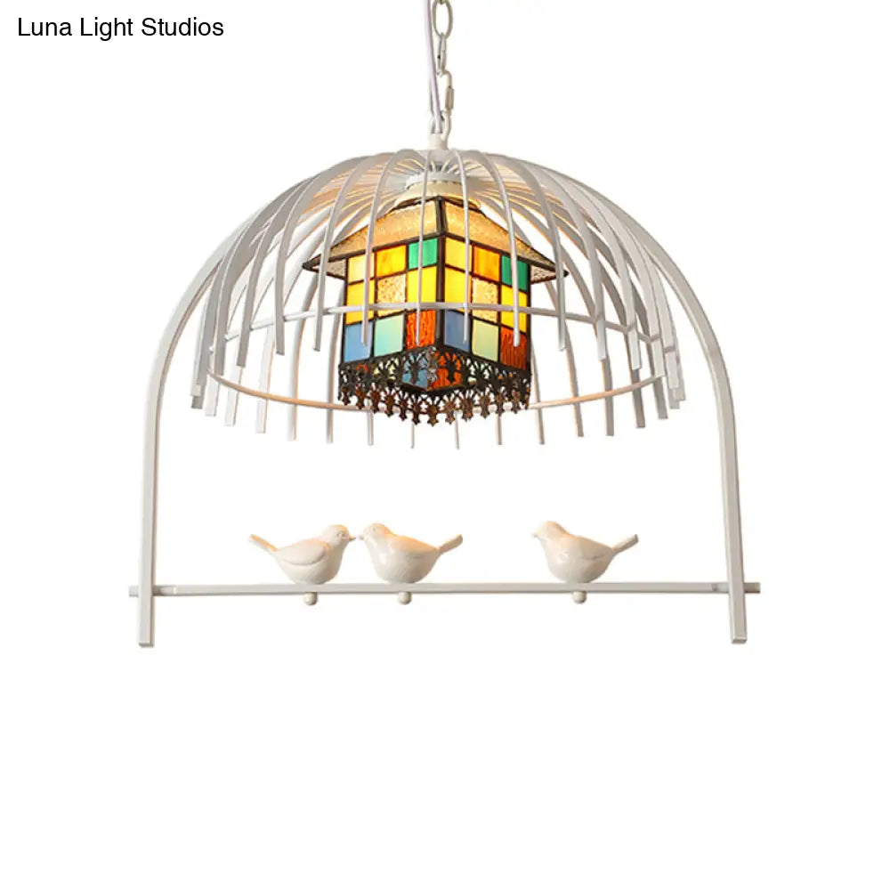 Tiffany Style White Bird Cage Pendant Light with Stainless Glass Ceiling Lamp