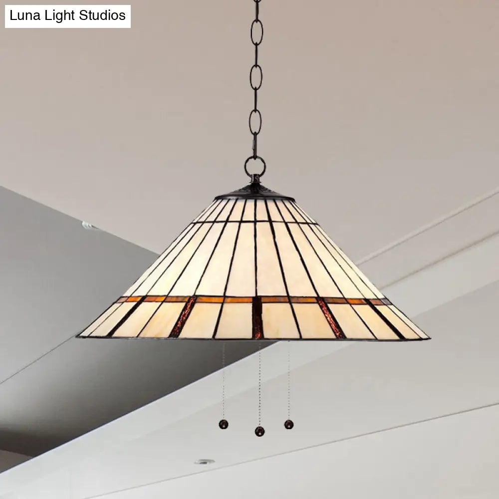 Tiffany Style White Glass Hanging Lamp with Metal Chain - 1 Bulb, Conical Shape, 16"/19.5 W