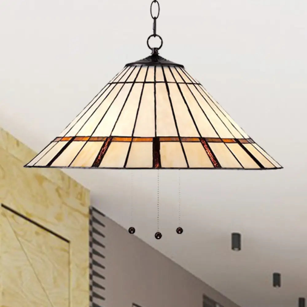 Tiffany Style White Glass Hanging Lamp with Metal Chain - 1 Bulb, Conical Shape, 16"/19.5 W