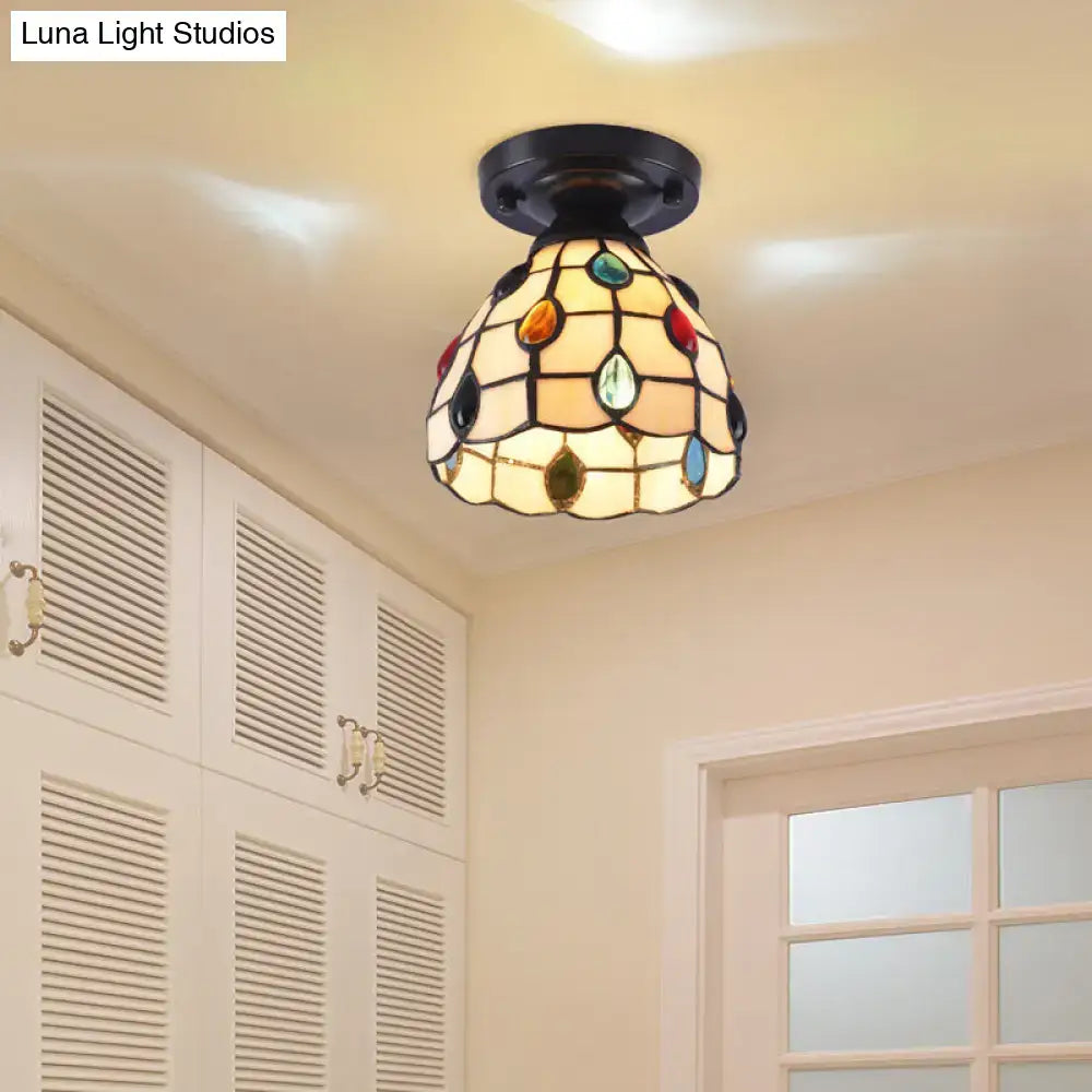 DecorBites™ tiffany style shaded semi flush ceiling mounted light with stained glass and black metal base accents
