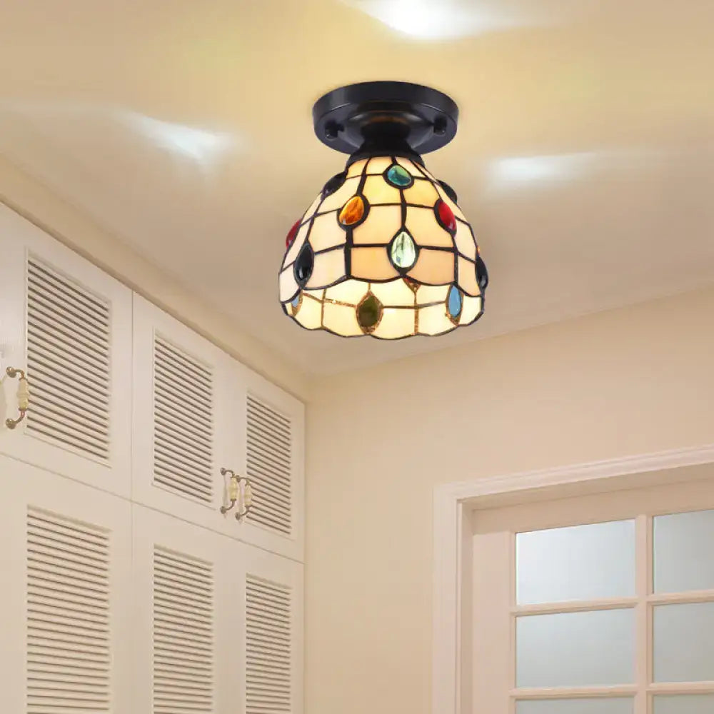 Decorbites tiffany style shaded semi flush ceiling mounted light with stained glass and colorful teardrop gemstones