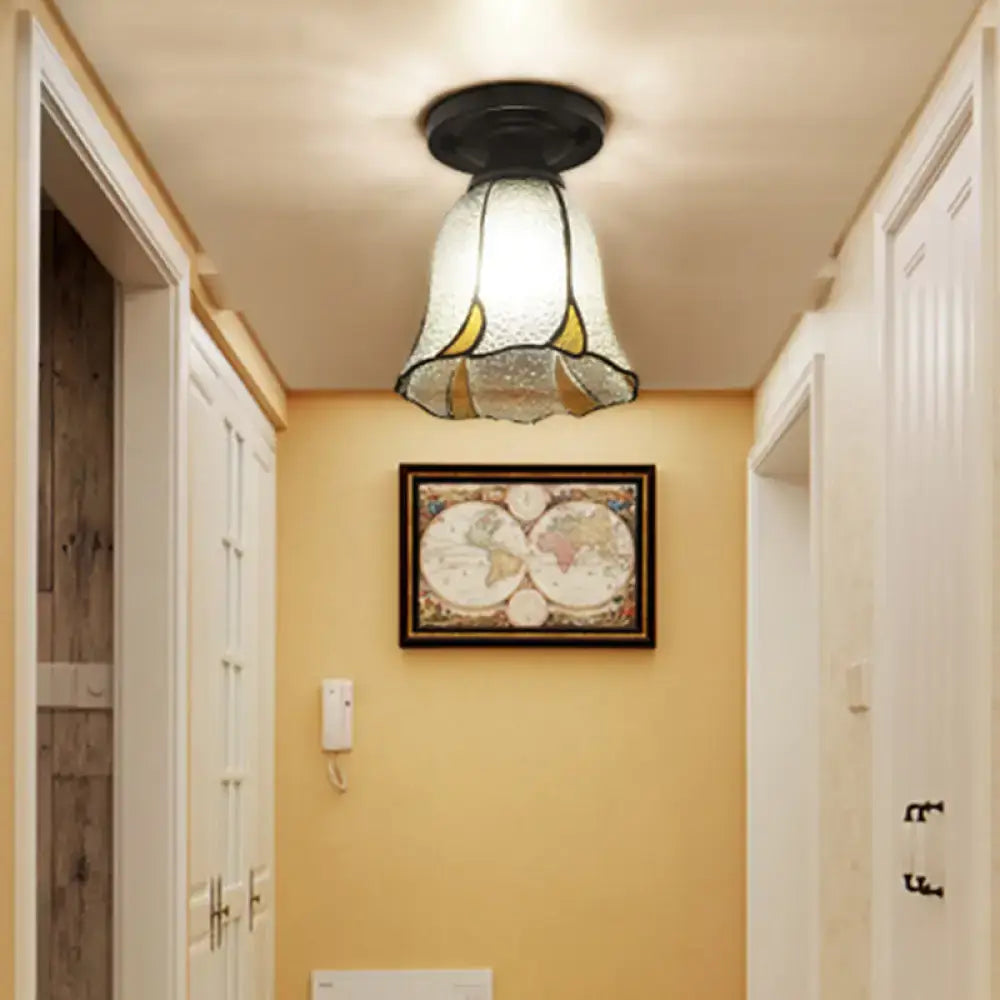 Decorbites tiffany style stained glass shaded semi flush ceiling mounted light with black metal base and yellow accents