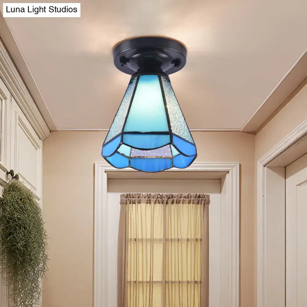 DecorBites™ tiffany style blue stained glass ceiling mounted light with black metal base and shaded semi flush design