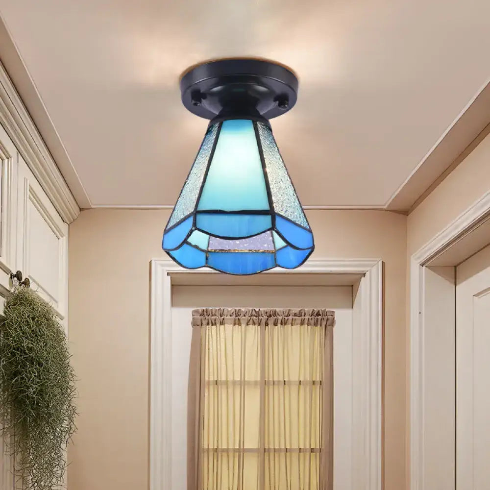 Decorbites tiffany style blue stained glass ceiling mounted light with black metal base semi flush mount shade