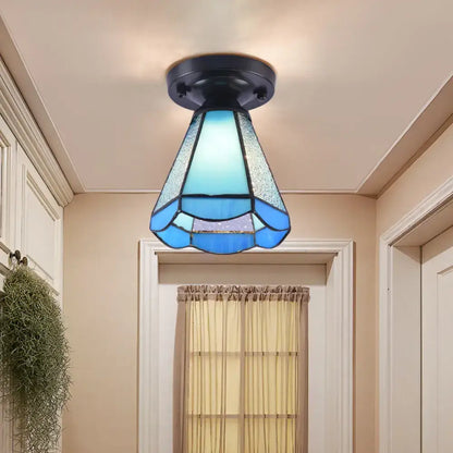 Decorbites tiffany style blue stained glass ceiling mounted light with black metal base semi flush mount shade