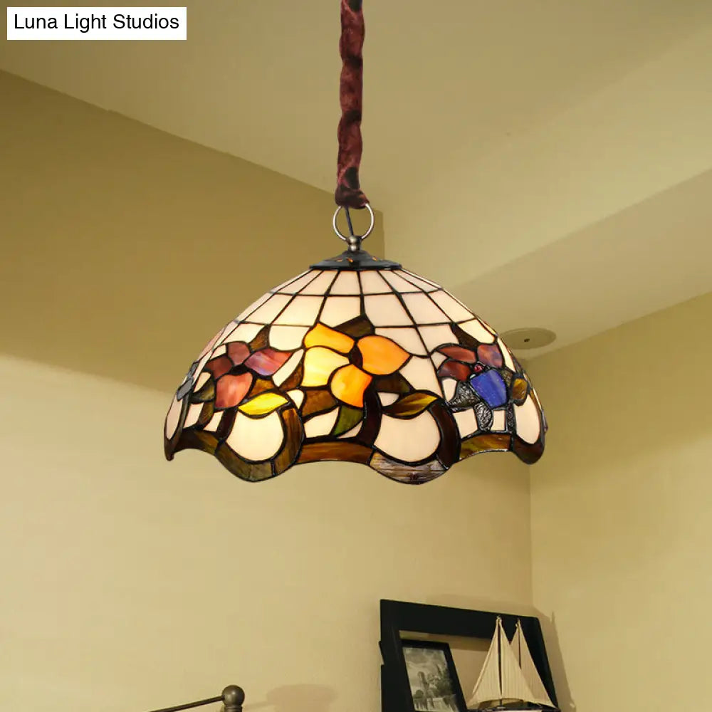 Tiffany-Style White Stained Glass Chandelier Lamp with Scalloped Design and Three Lights