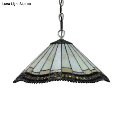 Tiffany-Style White Stained Glass Suspended Pendant Lamp with Tapered Down Lighting