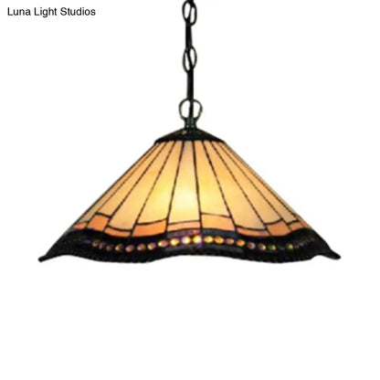 Tiffany-Style White Stained Glass Suspended Pendant Lamp with Tapered Down Lighting