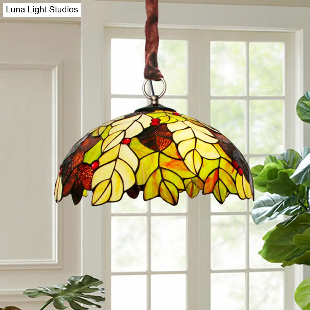 Tiffany Style Yellow Chandelier Light: Handcrafted Art Glass Drop Lamp with Jewel Deco - 3-Head Design