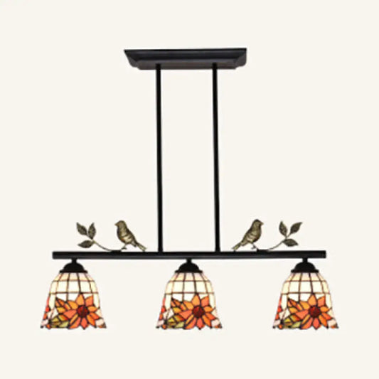 Black antique brass chandelier with three stained glass sunflower shades and bird accents in tiffany style design