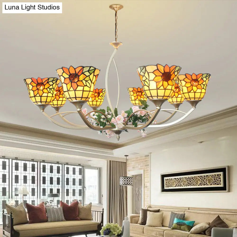Tiffany Sunflower/Leaf Chandelier Light Fixture - 6/8 Lights, White/Orange for Living Room