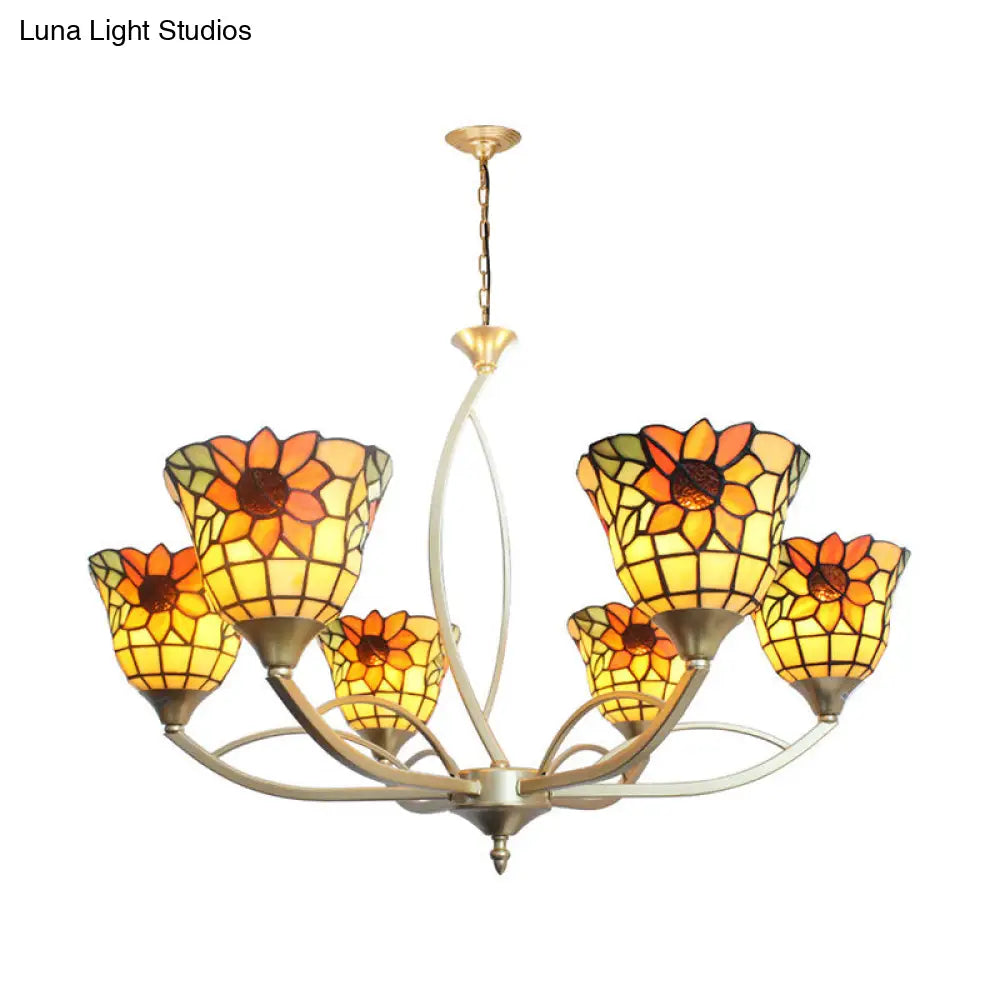 Tiffany Sunflower/Leaf Chandelier Light Fixture - 6/8 Lights, White/Orange for Living Room