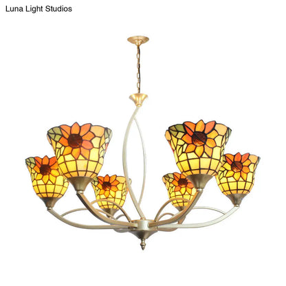 Tiffany Sunflower/Leaf Chandelier Light Fixture - 6/8 Lights, White/Orange for Living Room