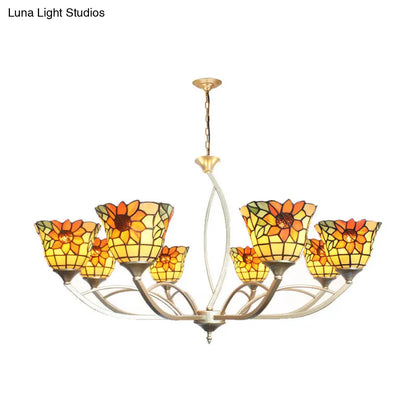 Tiffany Sunflower/Leaf Chandelier Light Fixture - 6/8 Lights, White/Orange for Living Room