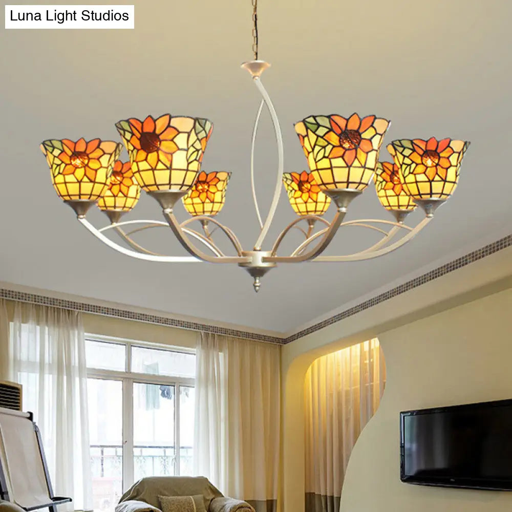 Tiffany Sunflower/Leaf Chandelier Light Fixture - 6/8 Lights, White/Orange for Living Room