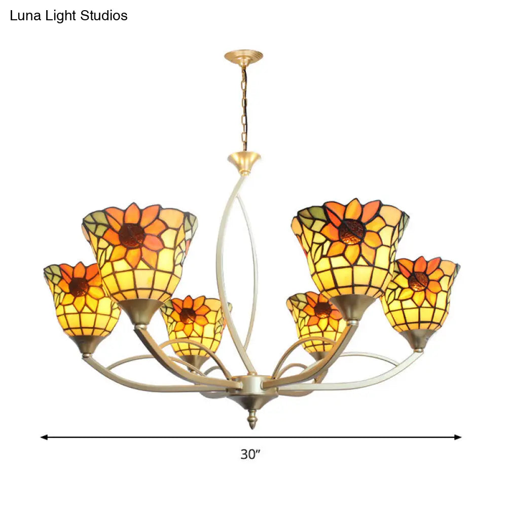 Tiffany Sunflower/Leaf Chandelier Light Fixture - 6/8 Lights, White/Orange for Living Room