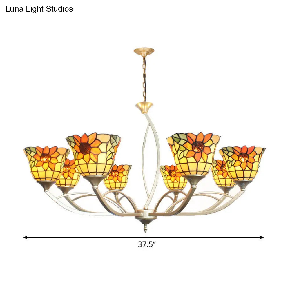 Tiffany Sunflower/Leaf Chandelier Light Fixture - 6/8 Lights, White/Orange for Living Room