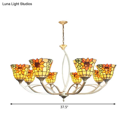 Tiffany Sunflower/Leaf Chandelier Light Fixture - 6/8 Lights, White/Orange for Living Room