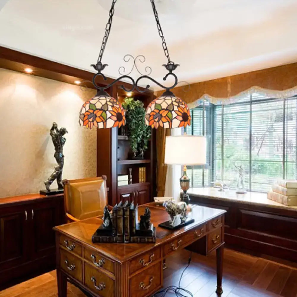 Stained glass sunflower glass pendant light with black wrought iron frame in stainless glass pendant design