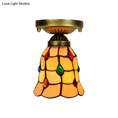 Tiffany Traditional Bell Ceiling Light with Jewelry Shell - Yellow Flush Mount Light for Hotels