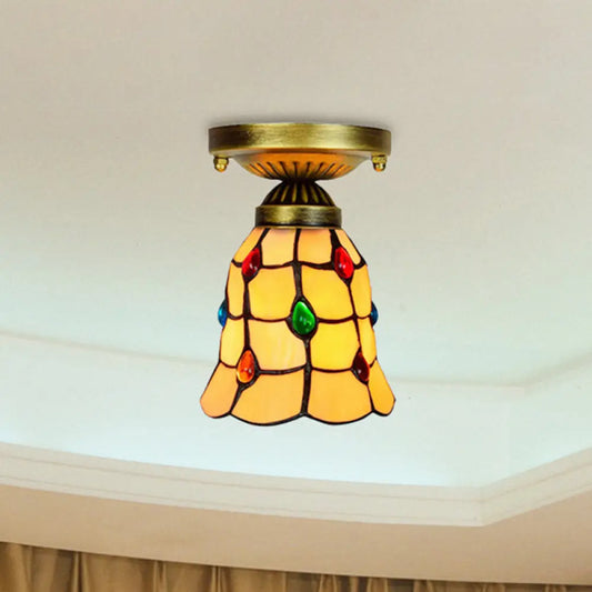 Tiffany Traditional Bell Ceiling Light with Jewelry Shell - Yellow Flush Mount Light for Hotels