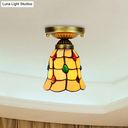 Tiffany Traditional Bell Ceiling Light with Jewelry Shell - Yellow Flush Mount Light for Hotels