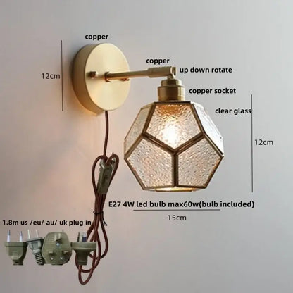 Copper wall sconce with faceted clear glass shade and adjustable arm decorbites colorful square glass wall lights for bedroom decor
