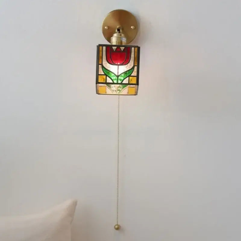 Red tulip tiffany colorful square glass wall lights sconce with green leaves and yellow accents on brass fixture for decorbites