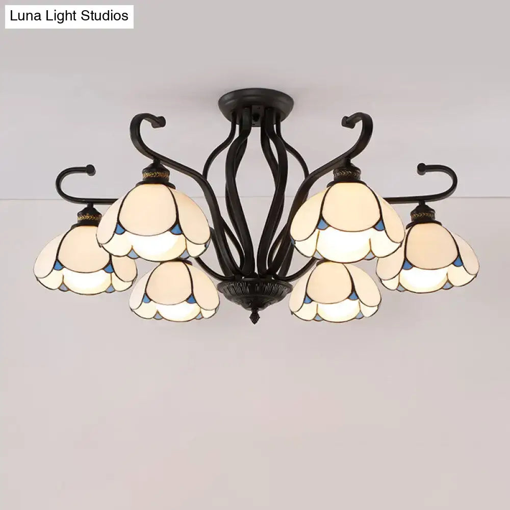DecorBites handcrafted wrought iron semi-flush mount chandelier with cream stained glass flower shades for living room lighting