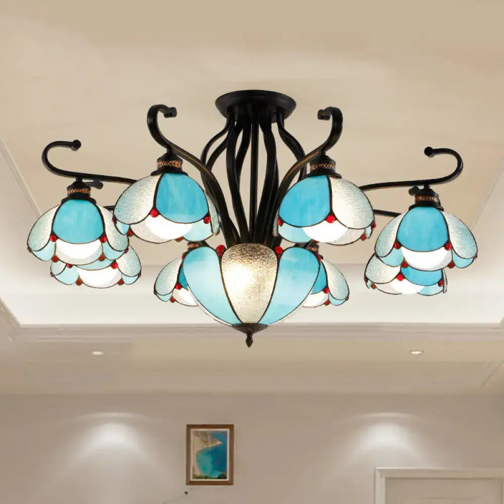 DecorBites™ handcrafted Tiffany glass chandelier with blue and white stained glass and black wrought iron arms for living room semi-flush mount light type